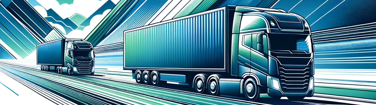 DALL·E 2023 11 02 22.54.57 Modern illustration of a dynamic fleet of freight trucks cruising on a highway integrating a color scheme of 366db6 sapphire blue and 30777b sea 1